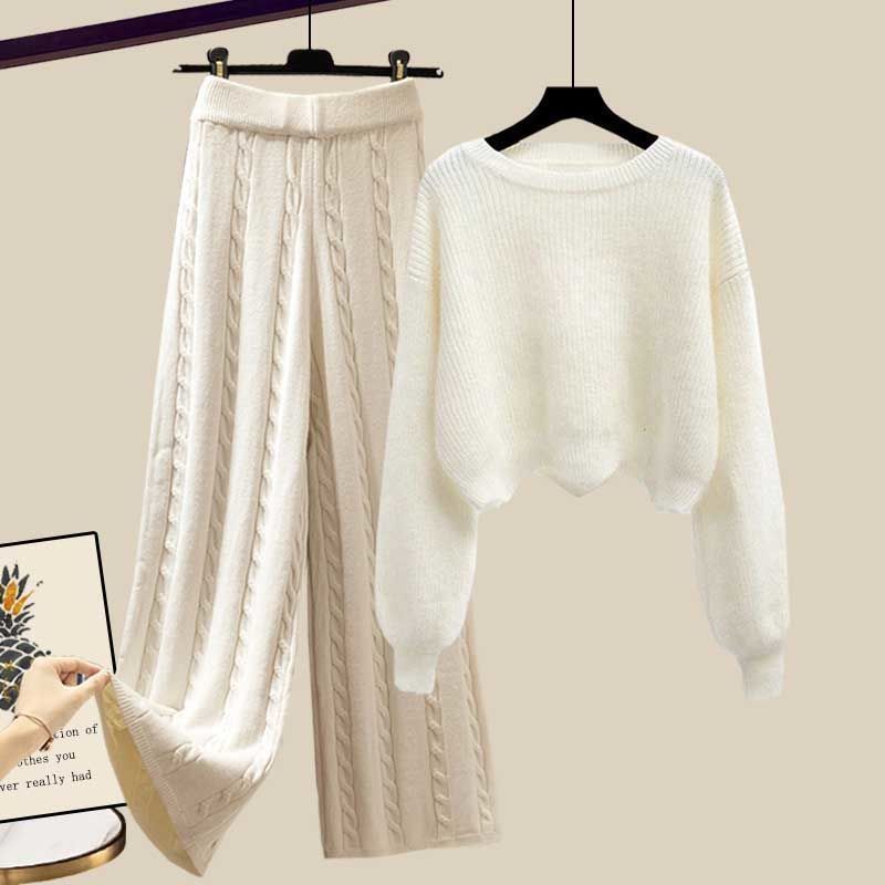 Îmbrăcăminte pentru femei Costume de toamnă și iarnă pentru femei de mărime mare, îmbrăcăminte exterioară de stil nou, vestă îngroșată, pulover tricotat, pantaloni largi, costum trei piese_voghion.com