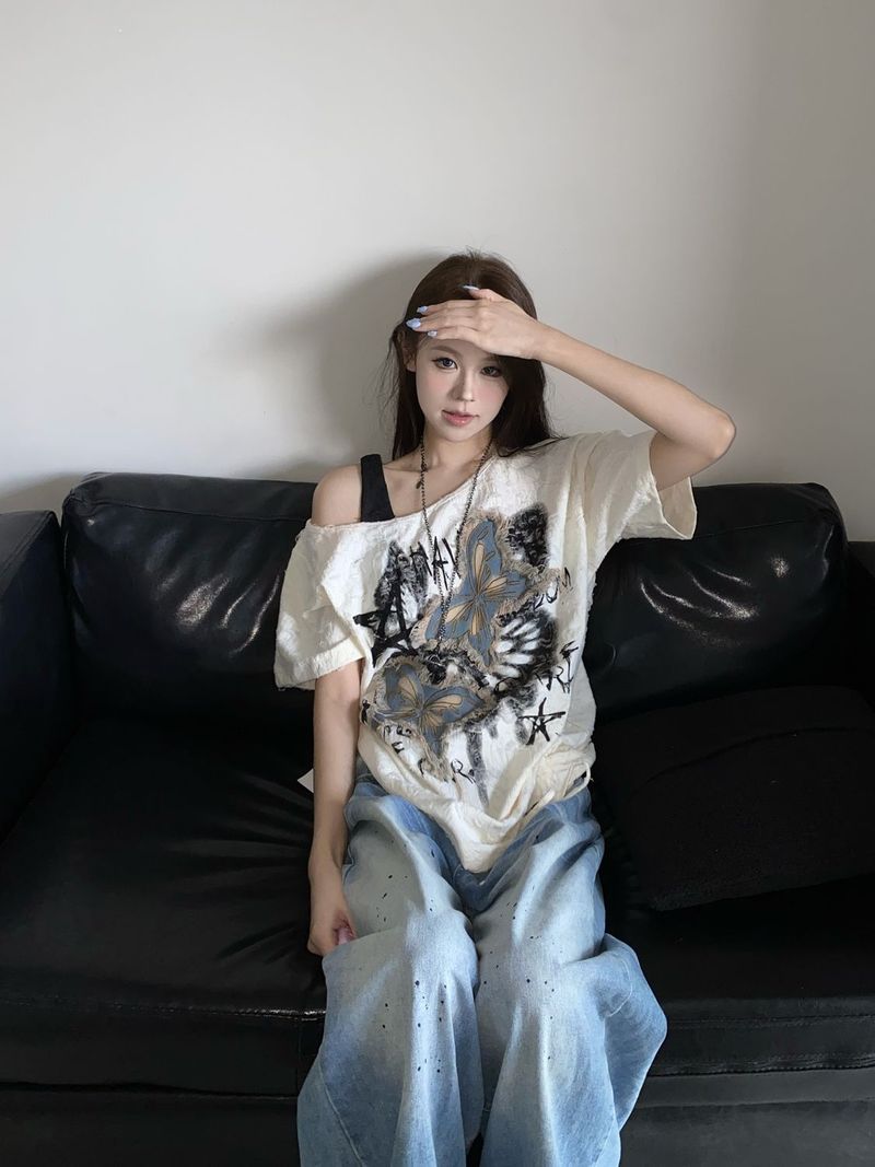 Mädchen-T-Shirt im amerikanischen Stil mit Schmetterlingsprint, Used-Look, kurzen Ärmeln, für Damen, Sommer, süß, würzig, gerafft, schulterfrei_voghion.com