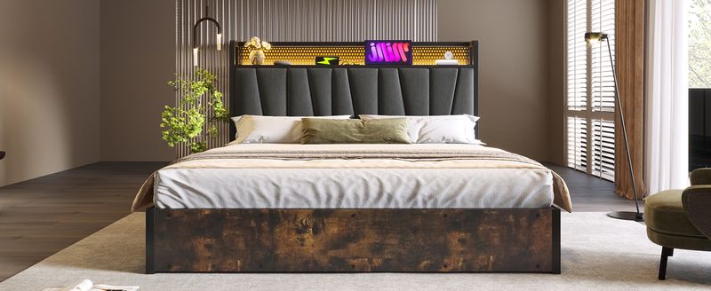 Cadre de lit en métal Polsterbett avec éclairage LED et application de contrôle pour lit double 140 x 200 cm, tête de lit et matelas à chargement USB inclus_voghion.com