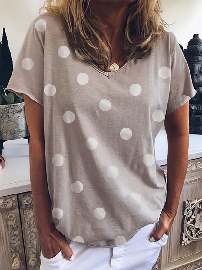 Gedruckt 2023 Sommer Neue Polka Dot Print V-ausschnitt Lose Kurzarm Casual T-shirt Für Frauen Beständig Outfit Kleidung_voghion.com