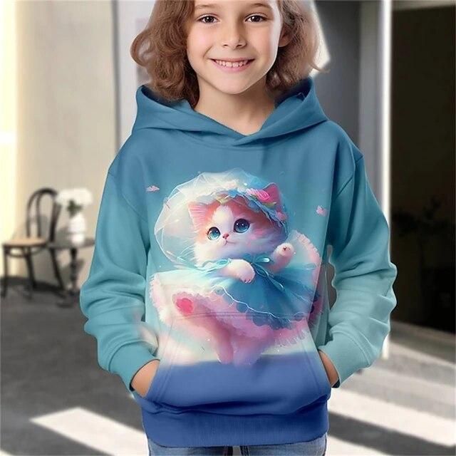 Abbigliamento per bambine, felpa con cappuccio, alla moda, con stampa di un gattino carino, ragazza ampia e alla moda_voghion.com