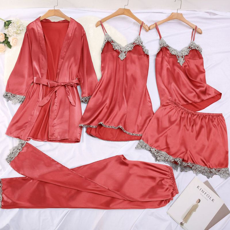 Luxury 5-Piece Satin Pajama Set For Women – Elegant Lace Trim Nightwear | Sexy & Comfortable Sleepwear Lingerie_voghion.com