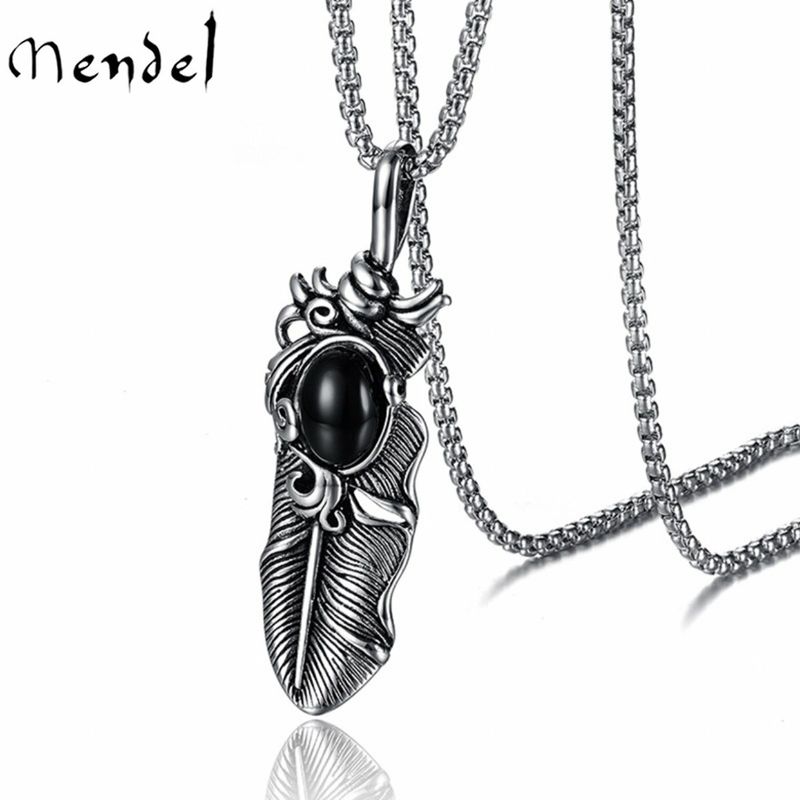 Collana da uomo in acciaio inossidabile con ciondolo a forma di piuma in turchese e onice simulato, regalo per la festa del papà_voghion.com