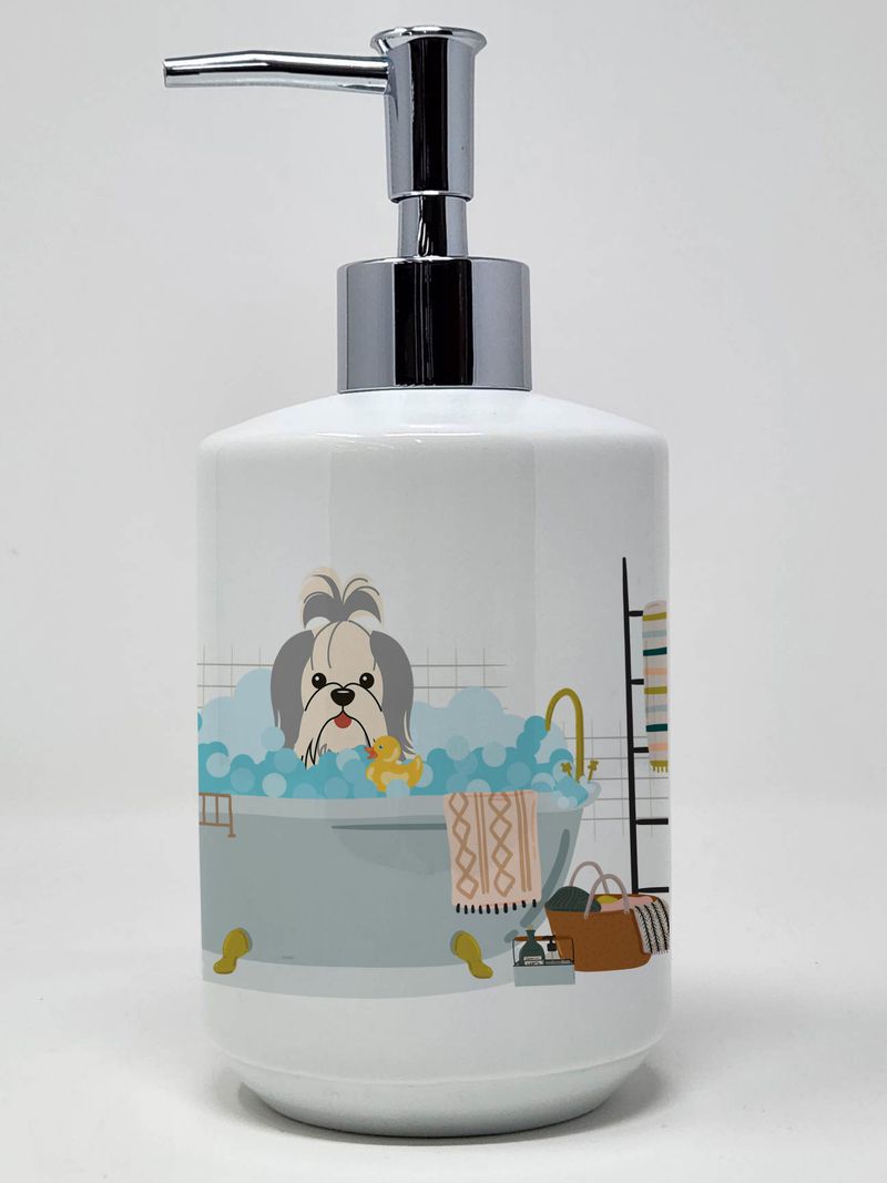 Silver White Shih Tzu in Bathtub Ceramic Soap Dispenser Hand Soap Dispenser Pump Bottles for Bathroom Kitchen, Empty Refillable Liquid Soap Container_voghion.com