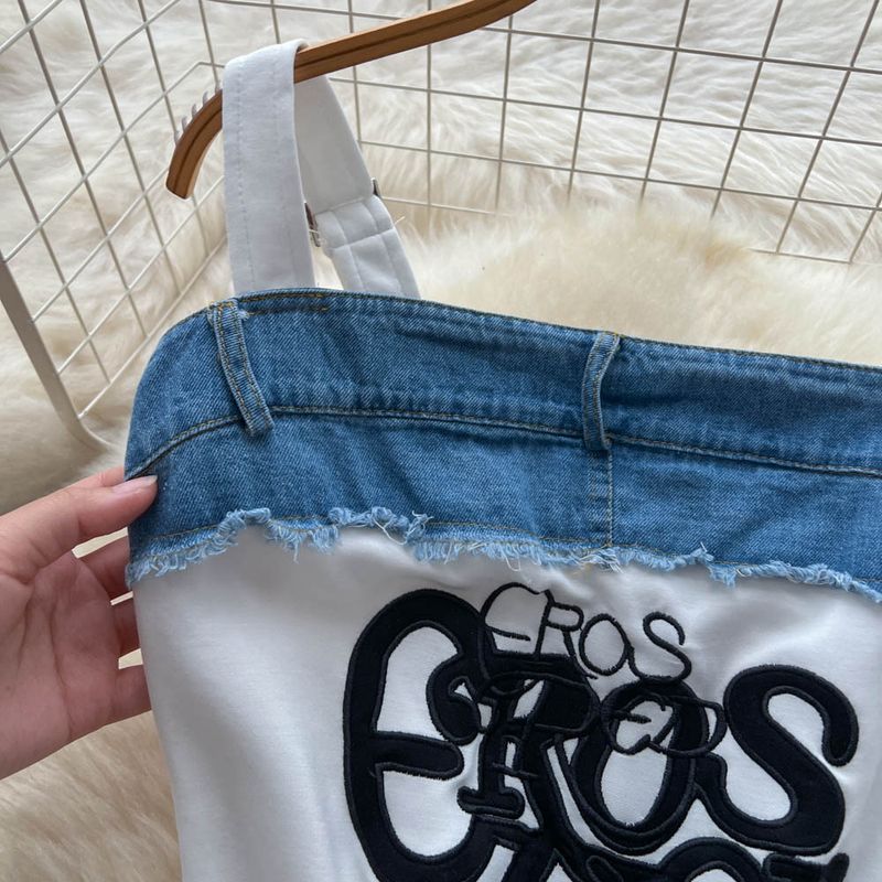 Modischer Freizeitanzug für Damen im Sommer, amerikanische Retro-Hosenträger mit Buchstabenstickerei, kurze Weste, hohe Taille, Denimhose mit weitem Bein_voghion.com