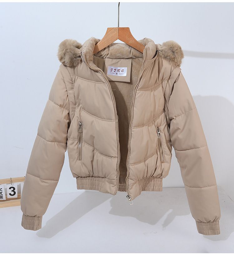 Chaqueta acolchada con ribete de piel sintética y mangas desmontables para mujer, abrigo corto de invierno con capucha, abrigo acolchado y cálido para tallas pequeñas y ajustadas._voghion.com
