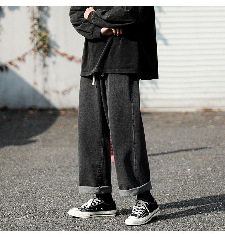 Dark Blue Vintage Jeans Men's Japanese Trendy Brand Drape Straight Pants Ins High Street Ruffian Handsome Drawstring Wide-leg Pants_voghion.com