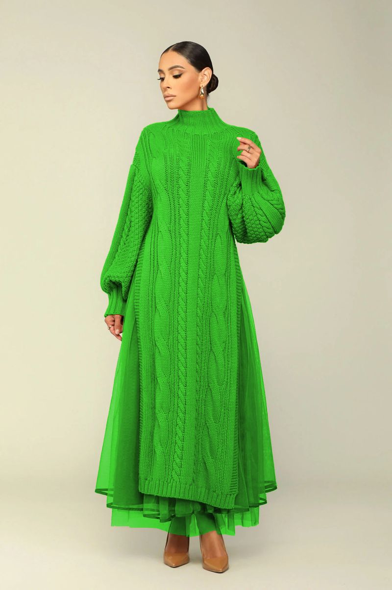 Completo da donna in maglia a strati - Pullover a maniche lunghe con collo alto e vestibilità ampia (bianco/nero/rosso/verde/marrone chiaro/rosa)_voghion.com