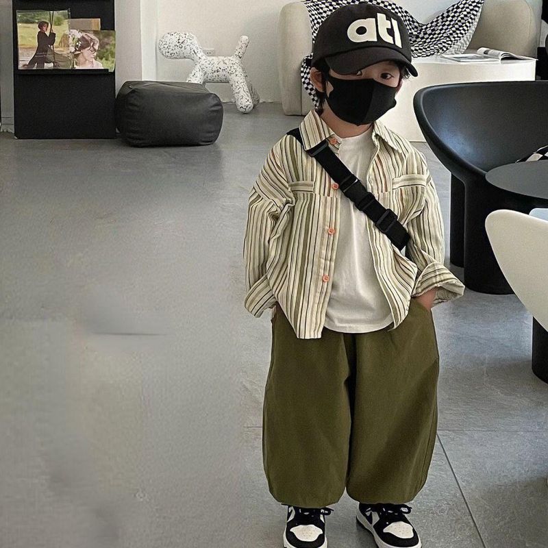 Conjunto de primavera y otoño para niño, nuevo, elegante y moderno, camisa a rayas, top, pantalones de trabajo, conjunto de dos piezas para bebé, ropa para niño_voghion.com
