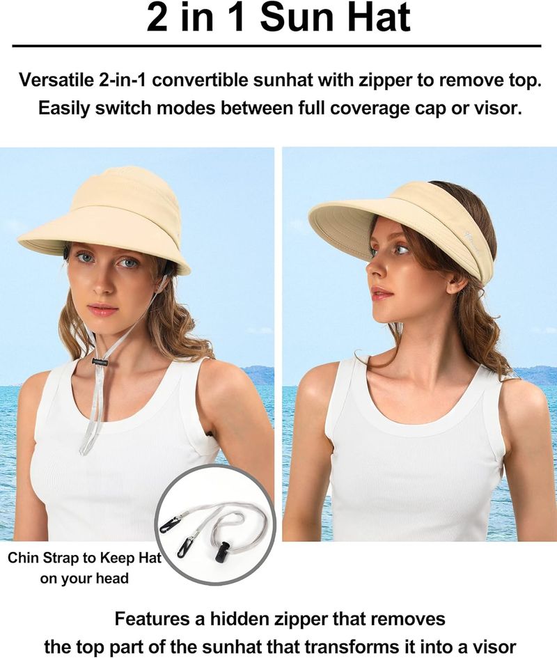 Sun Hats For Womens Wide Brim Visor UV Protection Dual Purpose Hat For Beach Summer Packable Cap_voghion.com