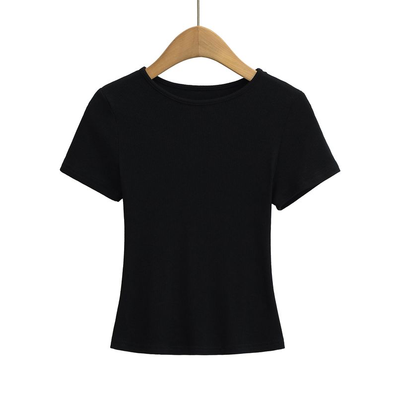 Maglietta attillata a maniche corte con scollo rotondo, tinta unita, da donna_voghion.com