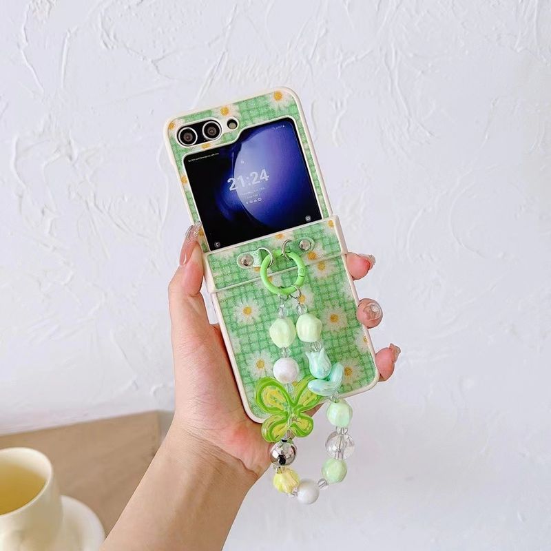 For Samsung Galaxy Z Flip 3 4 5 5G Flip4 Cute New Butterfly Flower Glitter Pearl Wrist Chain Strap Phone Case Cover_voghion.com