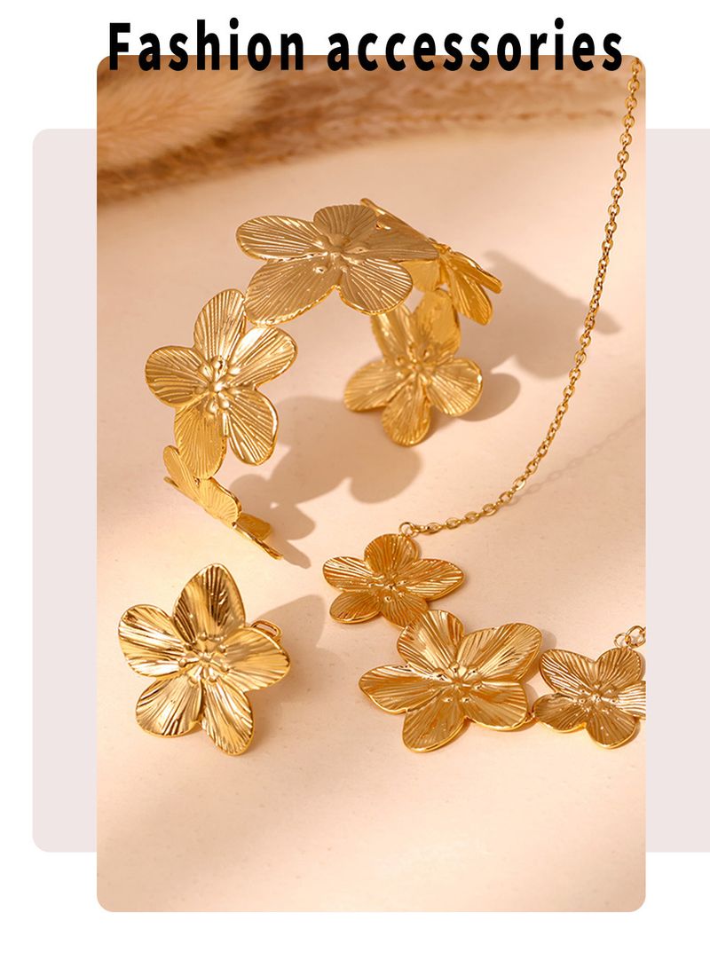 Sieradenset voor dames, gouden bloemenring, ketting en armband, roestvrij staal, PVD-geplateerd, echt goud, kleurbehoud sieraden_voghion.com