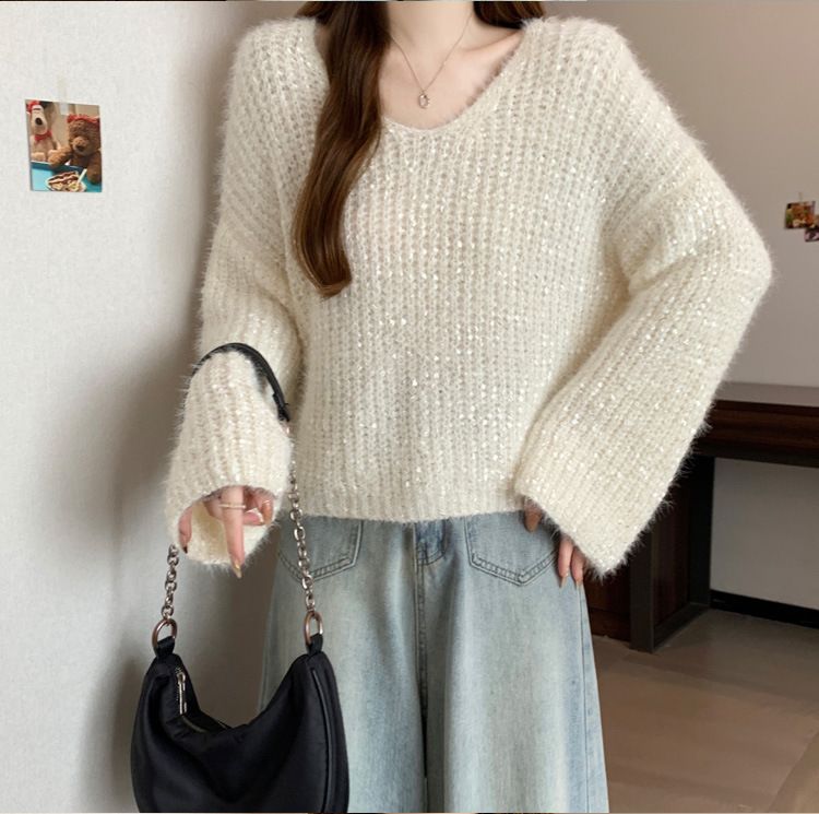 Mädchenpullover im europäischen Stil mit Paillettenkragen für Damen, Herbst und Winter, Übergröße, lockere Passform, hochwertiges Tragegefühl, kurz_voghion.com
