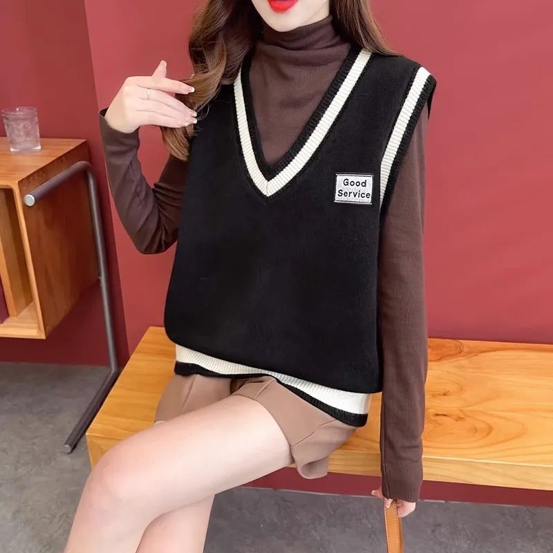 College style knitted for women in autumn and winter, layered on to, loose shoulder V-neck sleeveless sweater, vest_voghion.com