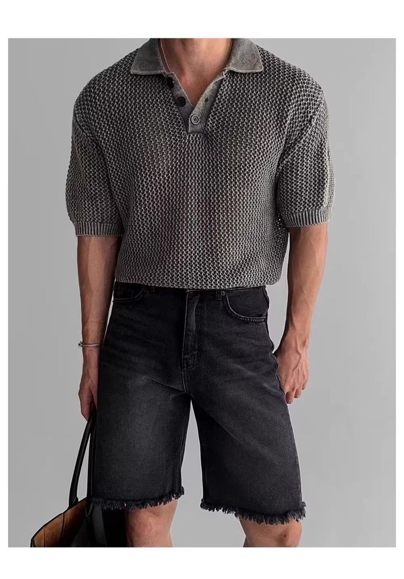 Maglione lavorato a maglia a maniche corte con risvolto, da uomo, in seta ghiacciata, a nido d'ape, con linea spessa, estivo_voghion.com