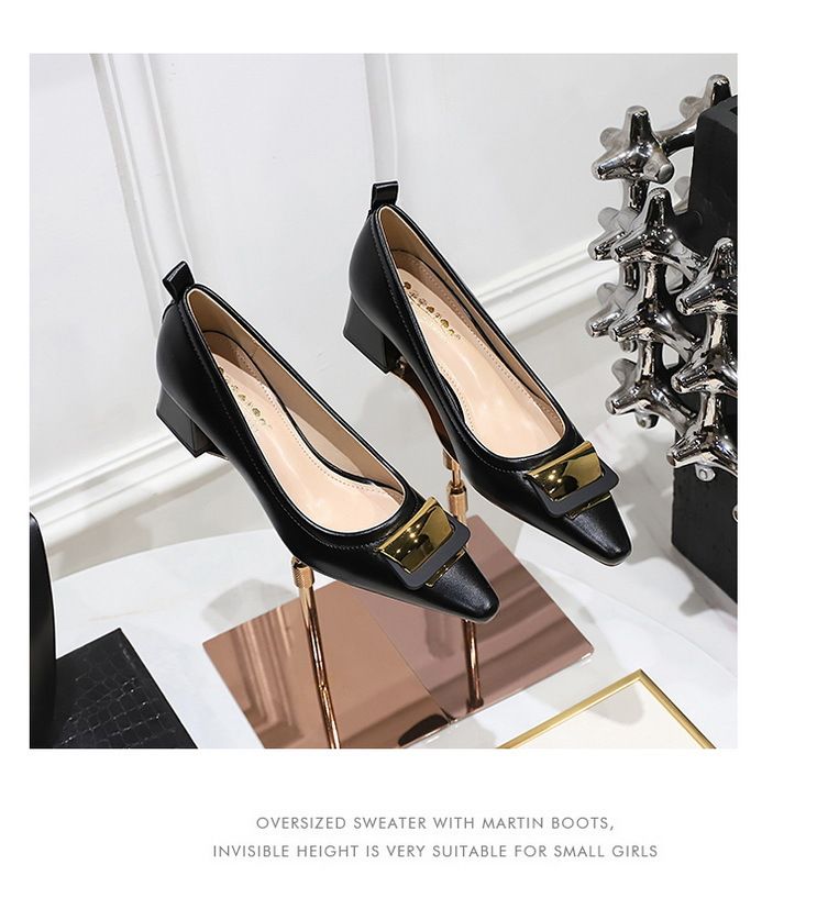 1235-K56 Stile Professionale OL Donna Bocca Bassa Piccola Testa Quadrata Fibbia In Metallo Tacco Medio Spesso Pendolare Singolo_voghion.com