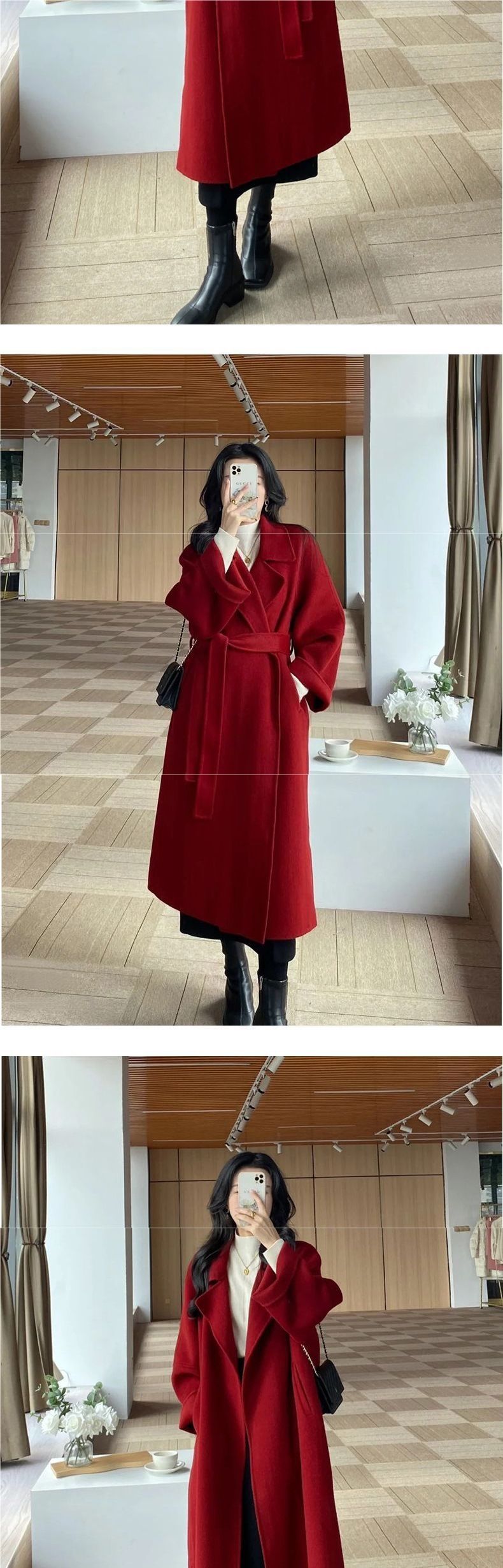 Elegant Red Wool Coat For Women - Winter Long Loose Fit Tweed Overcoat With Faux Fur Collar, Stylish And Warm Outerwear_voghion.com