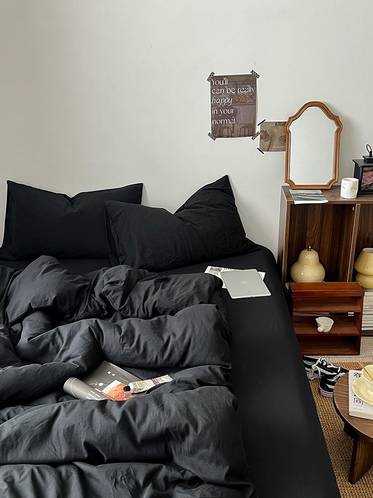 Japanese Wabi-Sabi Style | Bedding Of Four All-Cotton Pure Cotton Black Single Bed Sheet Student Three-Piece Set_voghion.com
