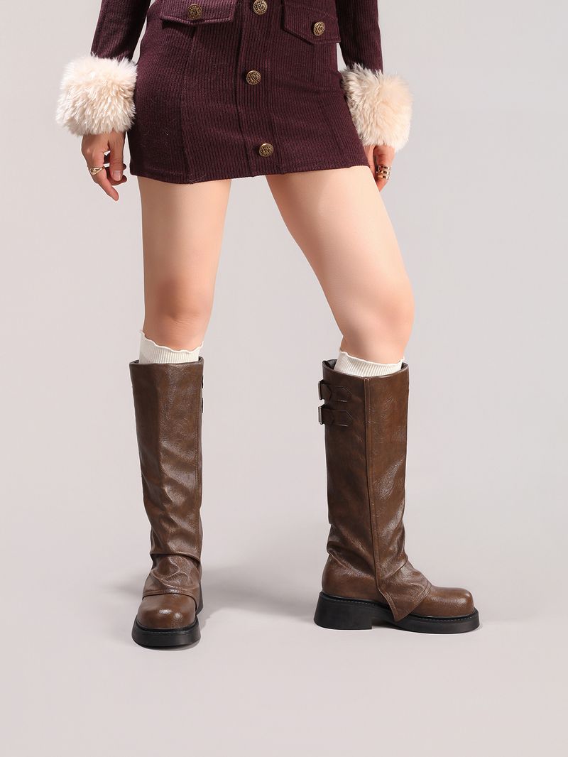 WEIBENA Damen Chelsea-Stiefel mit dicker Sohle und elastischer Wadenmitte, zum Hineinschlüpfen, runde Zehenpartie, Knöchelstiefel mit Faltendesign für die Freizeit im Herbst und Winter_voghion.com