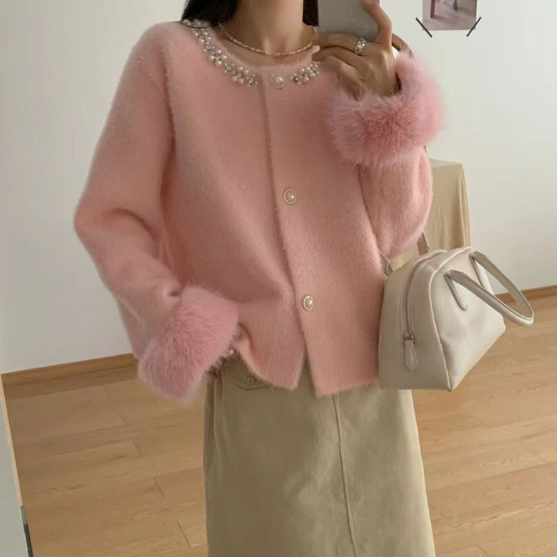 Women's Clothing Luxury Faux Mink Fur Cardigan – Fuzzy Sleeve Elegant Coatigan (One Size, 7 Colors)_voghion.com