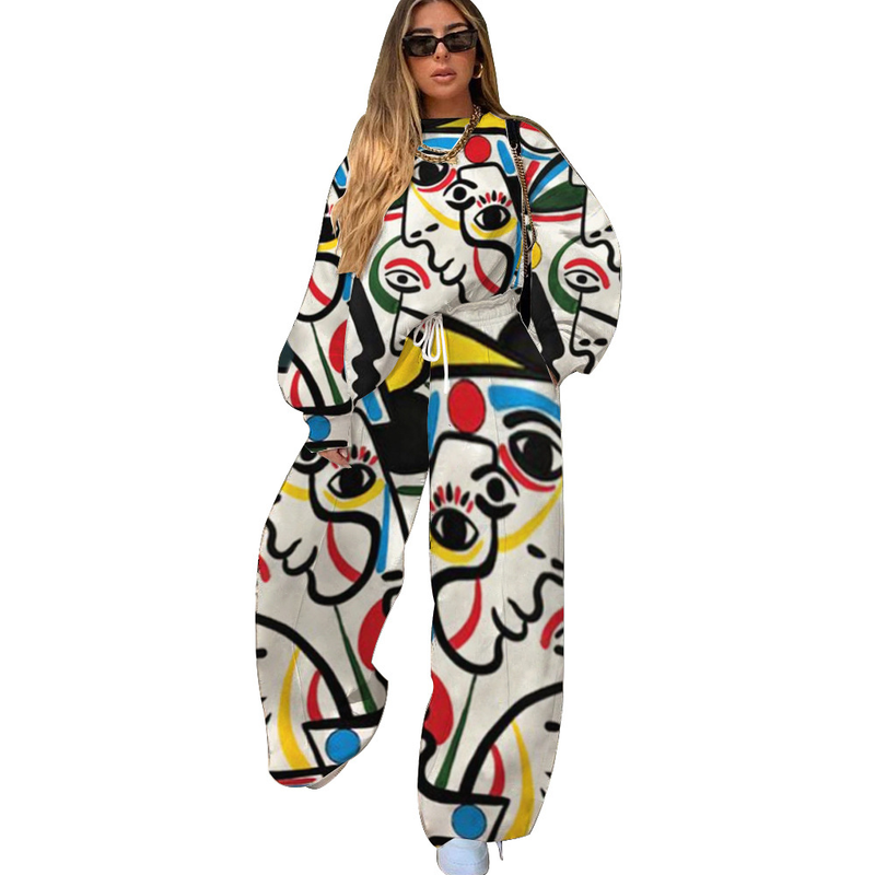Ensemble deux pièces ample à imprimé pop et contrasté pour femmes_voghion.com