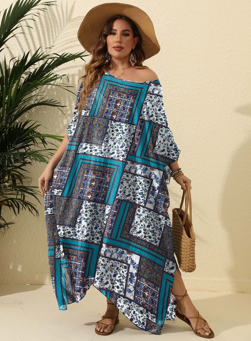 Plus Size Damenkleid im Ethno-Stil mit Print, lockere Bluse, Strandurlaub, Schlitz, langer Rock_voghion.com