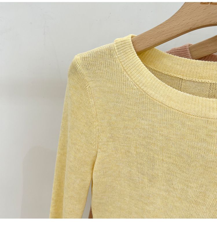 Green Long Sleeve Knitted T-Shirt For Women Summer 2024 New Simple Versatile Regular Shoulder Base Shirt Thin Style_voghion.com