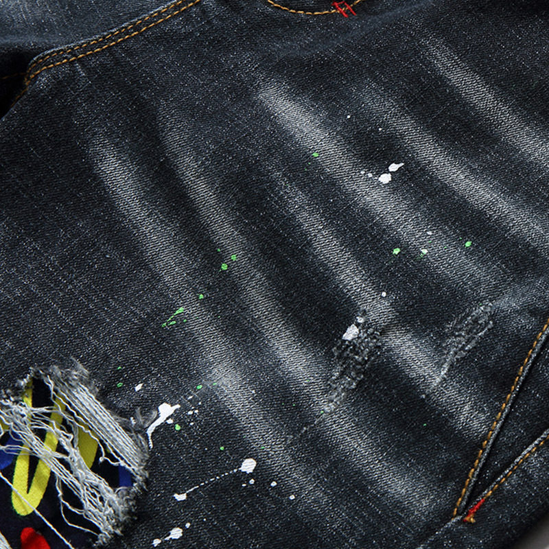 Men's Slim Fit Stretch Jeans – Distressed Embroidered Straight-Leg Denim Pants With Paint Splatter & Patchwork (28-38)_voghion.com