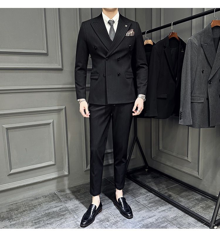 Britu stila moderns svītrains divrindu vīriešu līgavaiņa, līgavaiņa, kāzu kleitas, trīsdaļīga uzvalka komplekta tendence_voghion.com