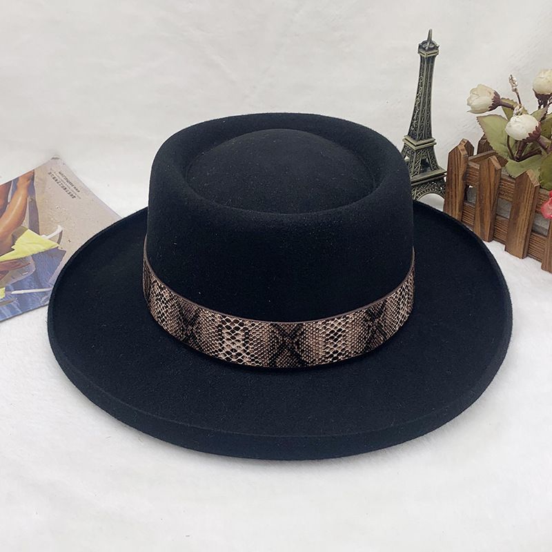 chapeau haut de forme à large nœud en feutre de laine simple vintage Chapeau de jazz noir_voghion.com