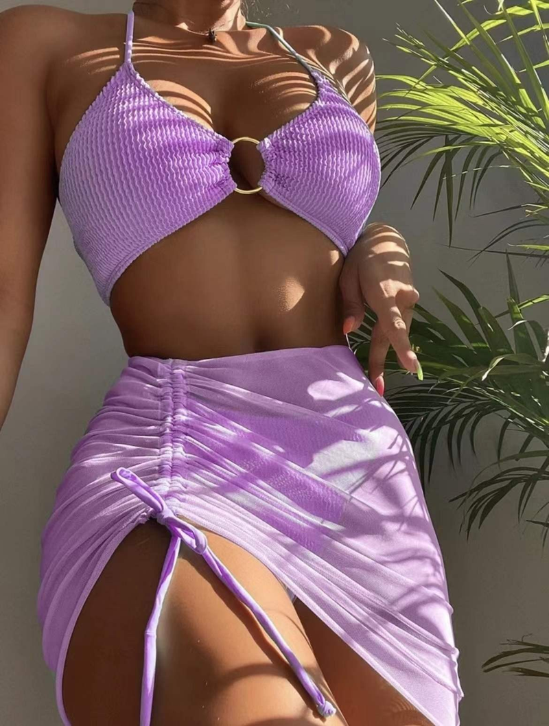 Sexy badpakset in effen kleur voor dames met hangende hals en driepuntsbikini_voghion.com