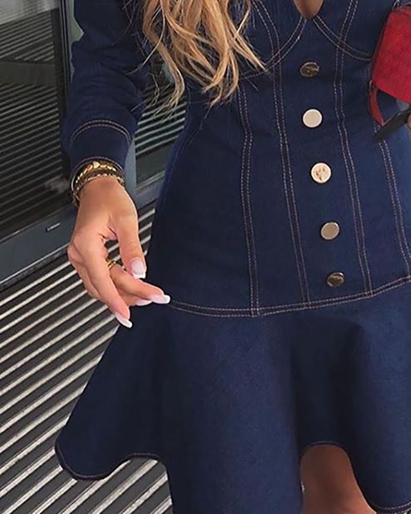 Abbigliamento da donna Abito Yama in tinta unita dalla linea brillante con maniche a sbuffo a V profonde e volant attillato_voghion.com