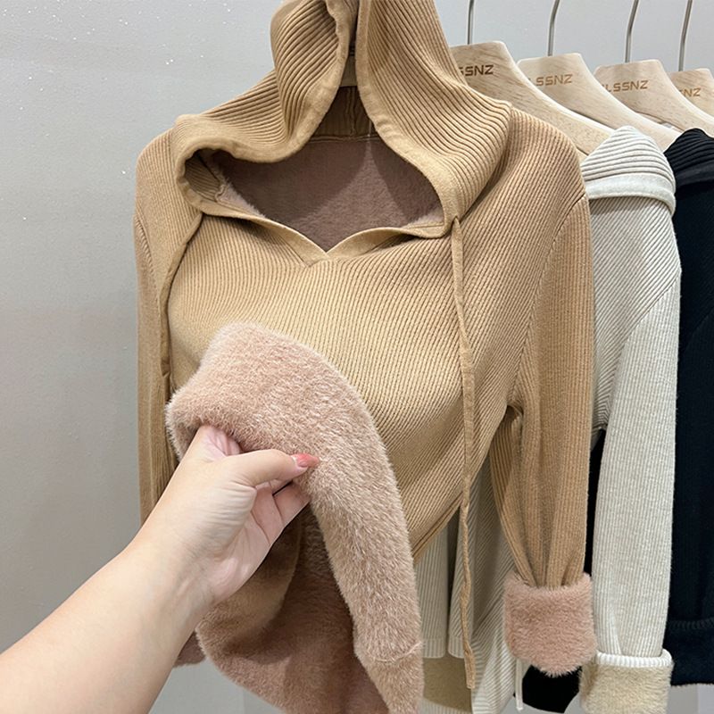 Maglione lavorato a maglia con cappuccio, in tessuto di velluto, con scollo a V, in pelliccia di visone e velluto, da donna, autunno e inverno_voghion.com