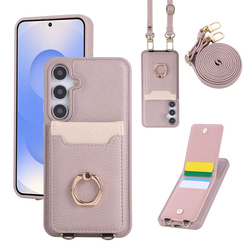 Adatto per Samsung S25 Ultra Custodia in pelle per cellulare con slot per schede S24 S23 Custodia per cellulare con anello con motivo a litchi e cordino_voghion.com