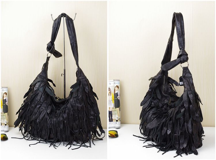 Bolso de piel nuevo para mujer, bolso hobo personalizado con borlas de rayas negras, suave y casual para mujer, bolso de hombro, bolso de piel de oveja para mujer_voghion.com