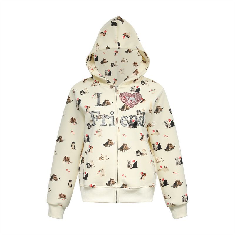 Volldruck Tierkätzchen Hoodie Reißverschluss Strickjacke Einzigartiges Design Lockere Passform Herren Frühling Herbst Jacke_voghion.com