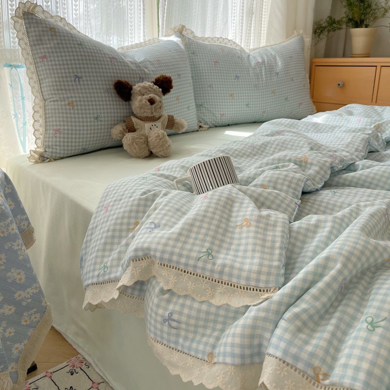 HIINIIA Set di biancheria da letto in cotone lavato con bordo arricciato e filato stropicciato, quattro lenzuola, copripiumino per letto da dormitorio, tre pezzi_voghion.com