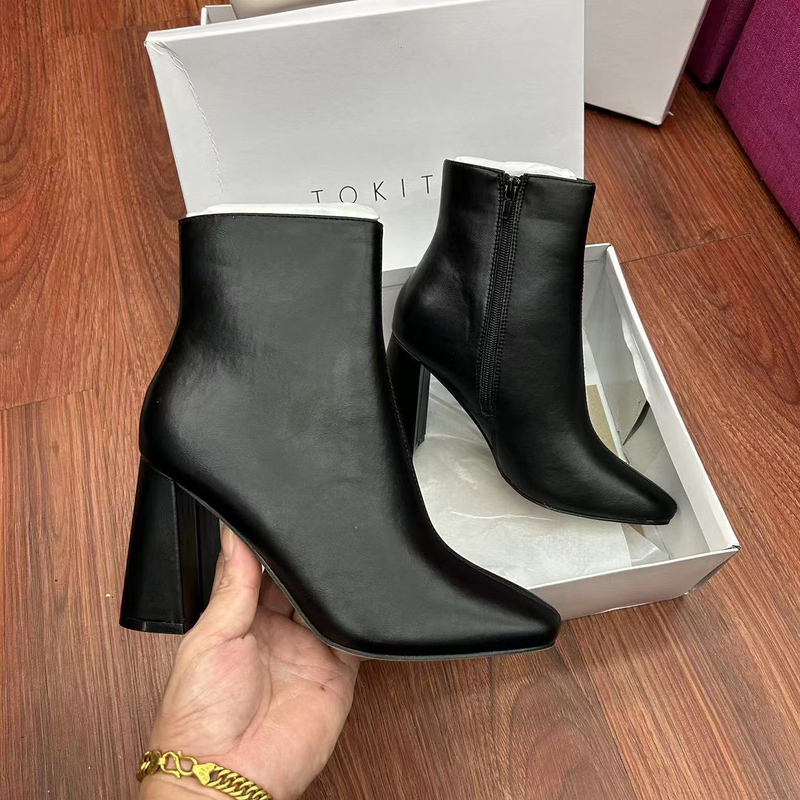 Ženski čevlji, originalni usnjeni škornji z debelo peto in stransko zadrgo, preprosti ženski usnjeni škornji_voghion.com