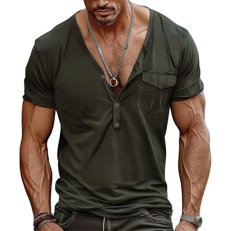 2024 Herren Großes Sommer Casual Button Fit Kurzarm T-Shirt Henry V-Ausschnitt Pocket Top_voghion.com
