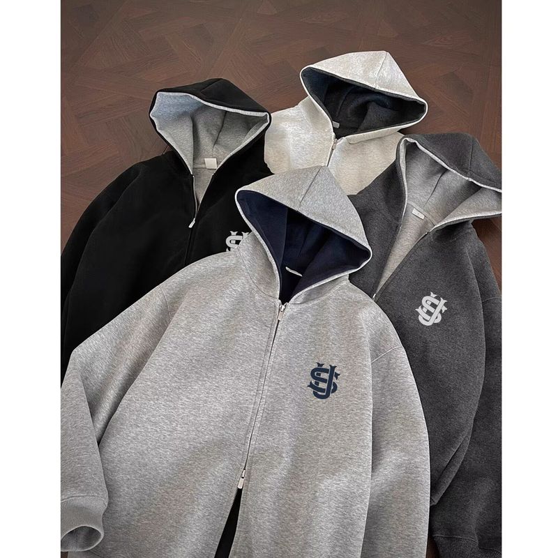 Sudadera informal con capucha para hombre con doble cremallera y estampado espacial. Jersey holgado de estilo urbano, mezcla de algodón suave, unisex (gris, M-3XL)._voghion.com