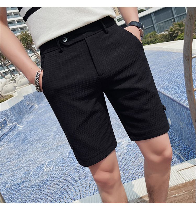 Summer new Internet celebrity trend waffle fabric casual shorts British temperament men's slim-fitting five-point pants_voghion.com