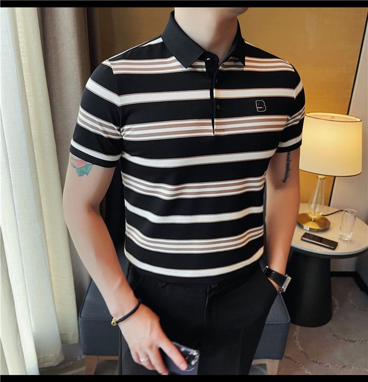 Douyin Kuaishou Supplies High-quality Summer Business Casual Men's Short-sleeved Shirts, Striped Antibacterial Cotton T-shirts_voghion.com