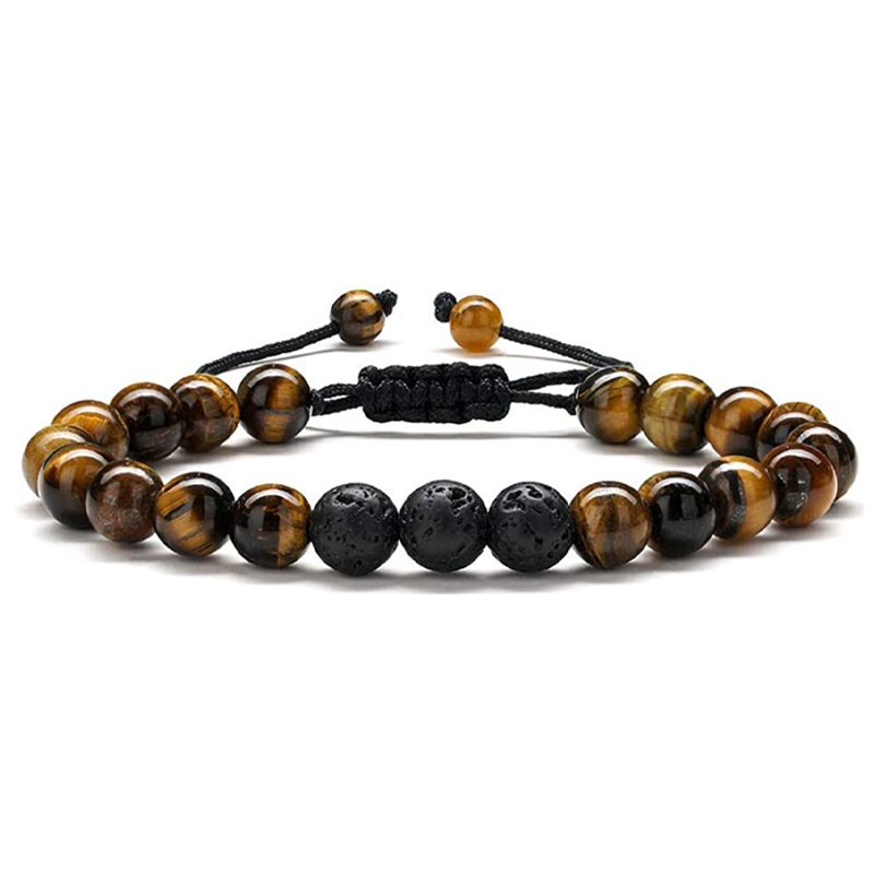2 pièces œil de tigre cadeau pour hommes 8mm pierre de lave Agate noire Bracelet tissé bijoux faits à la main_voghion.com