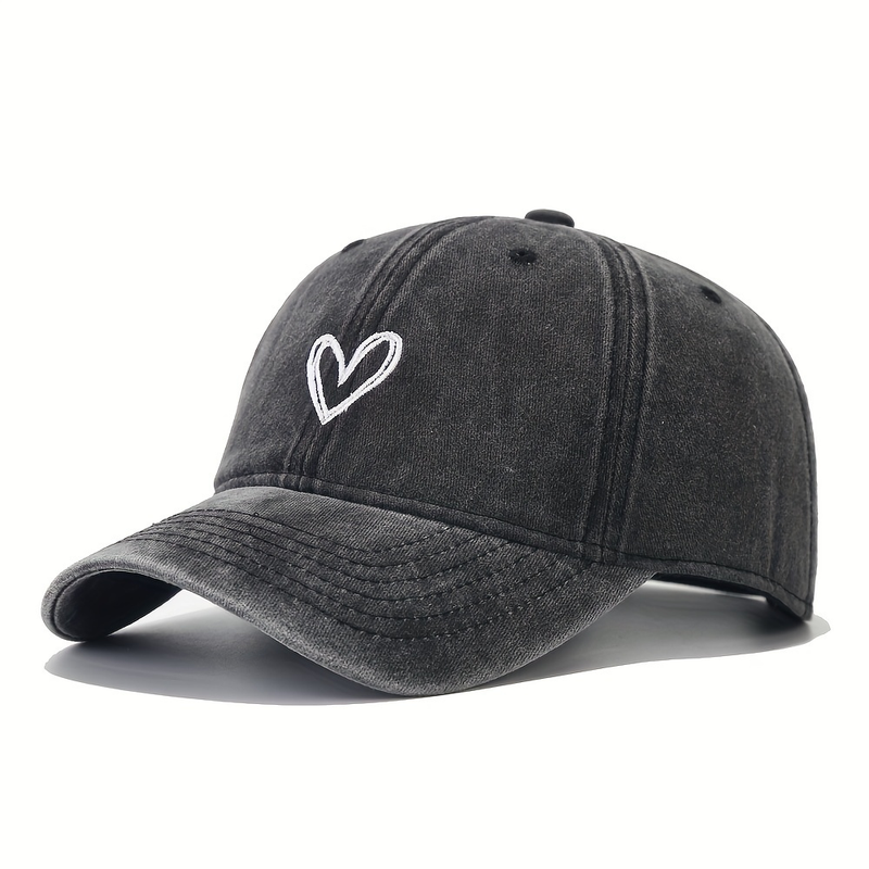 Washed Vintage Simple Baseball Cap Heart Embroidered Dad Hat Curved Brim Adjustable Sun Hats_voghion.com