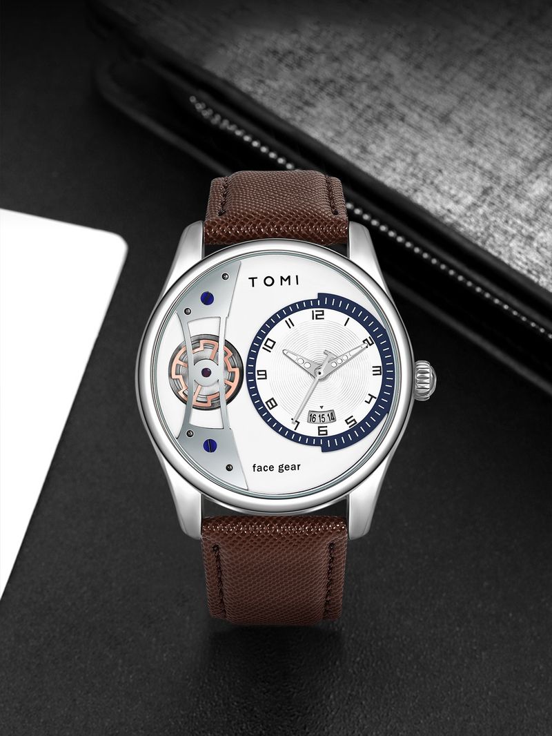 Men's Classic Quartz Watch With Genuine Leather Strap, Minimalist Design, Stainless Steel Buckle, Perfect For Business And Casual Wear_voghion.com