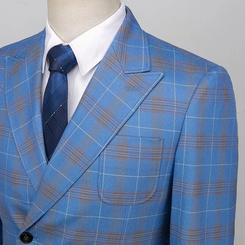 MERCURY S-5XL Blazer Weste Hosen High-End-Marke Herren Slim Frmal Business Blau Karierter Anzug 3-teilig Grm Hochzeitskleid Party_voghion.com