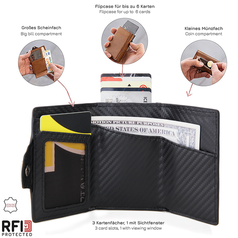 Dienqi carteira masculina de fibra de carbono, carteira pequena com três dobras em couro preto e mágico, bolsa pequena para dinheiro_voghion.com
