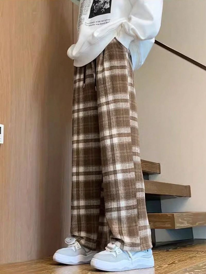 Herrenbekleidung, stilvolle karierte Hose mit weitem Bein, lässige bequeme Passform mit Farbblockdesign, Polyester-Stretchhose für den Alltag (schwarz)_voghion.com