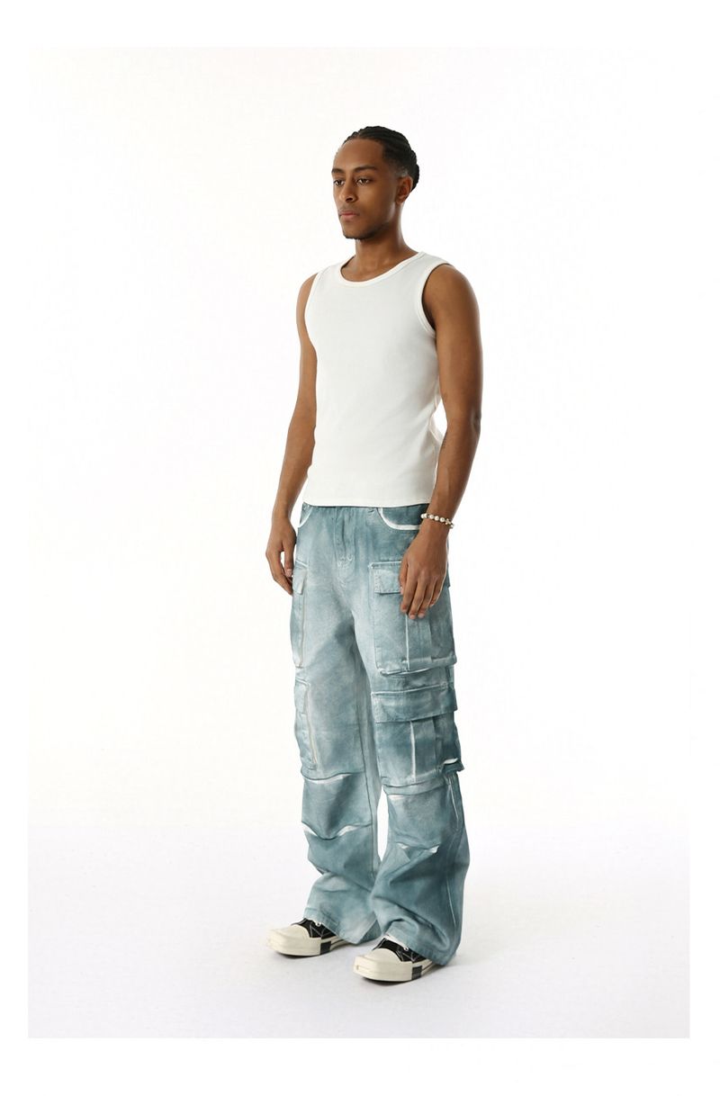 EF JEANS | 2025 Spring New Niche Heavy Industry Gradual Change Spray Color Do Old Multi Pocket Wide Leg Cargo Pants Tide_voghion.com